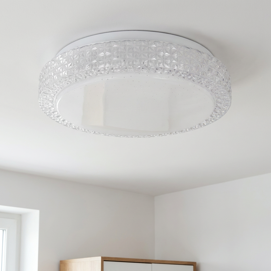 Plafonnier LED Acier Composite Blanc — vu de dessous, fixe au plafond, eteint