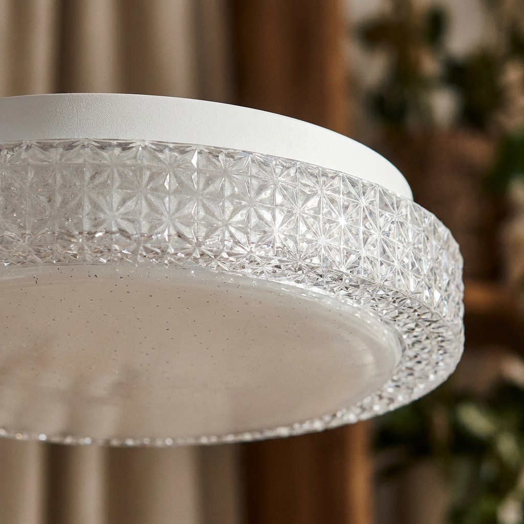 Plafonnier LED Acier Composite Blanc — gros plan sur la matiere et la finition