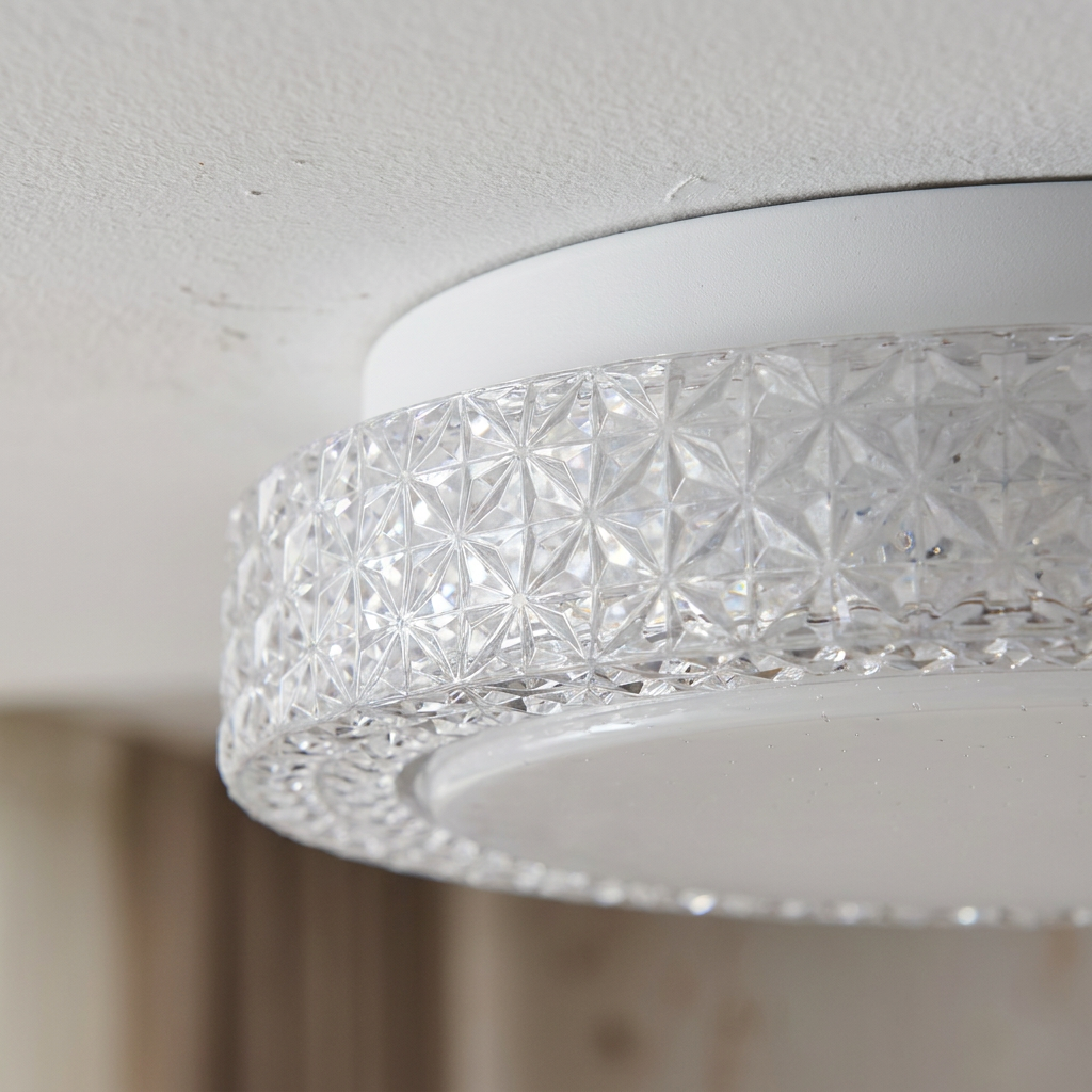 Plafonnier LED Acier Composite Blanc — detail du bord et de la fixation au plafond