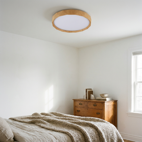Plafonnier LED Acier Composite Blanc | Cadix — en situation dans une piece, fixe au plafond, eteint
