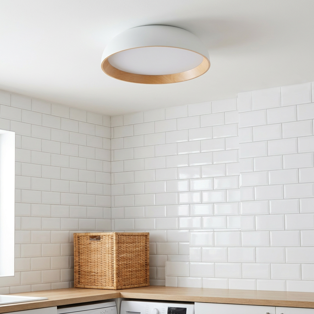 Plafonnier LED Acier Composite Blanc | Calabria — en situation dans une piece, fixe au plafond, eteint
