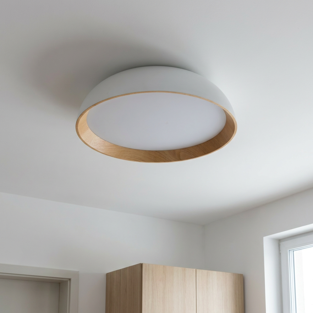 Plafonnier LED Acier Composite Blanc | Calabria — vu de dessous, fixe au plafond, eteint