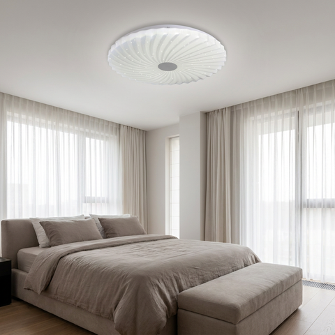 Plafonnier LED Acier Composite Blanc | Calipso — en situation dans une piece, fixe au plafond, eteint