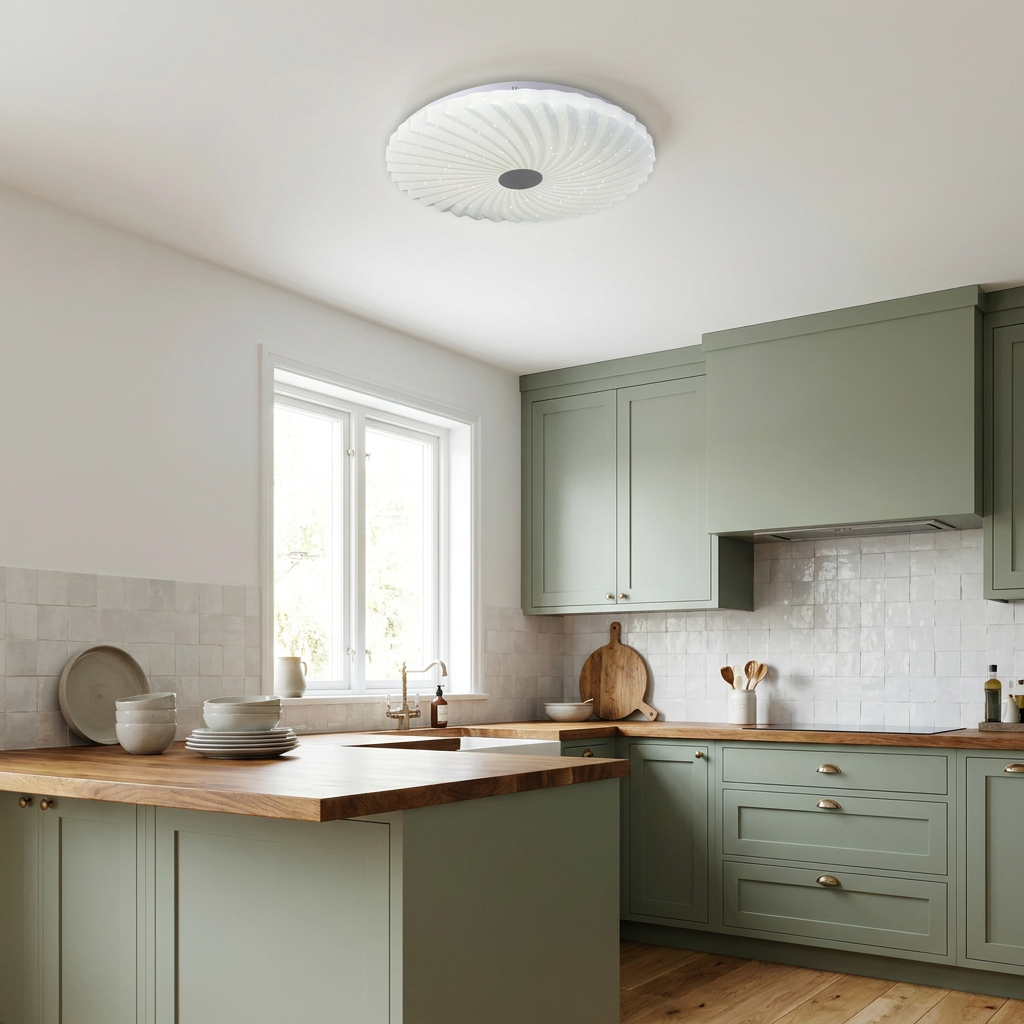 Plafonnier LED Acier Composite Blanc | Calipso — en situation dans une piece, fixe au plafond, eteint