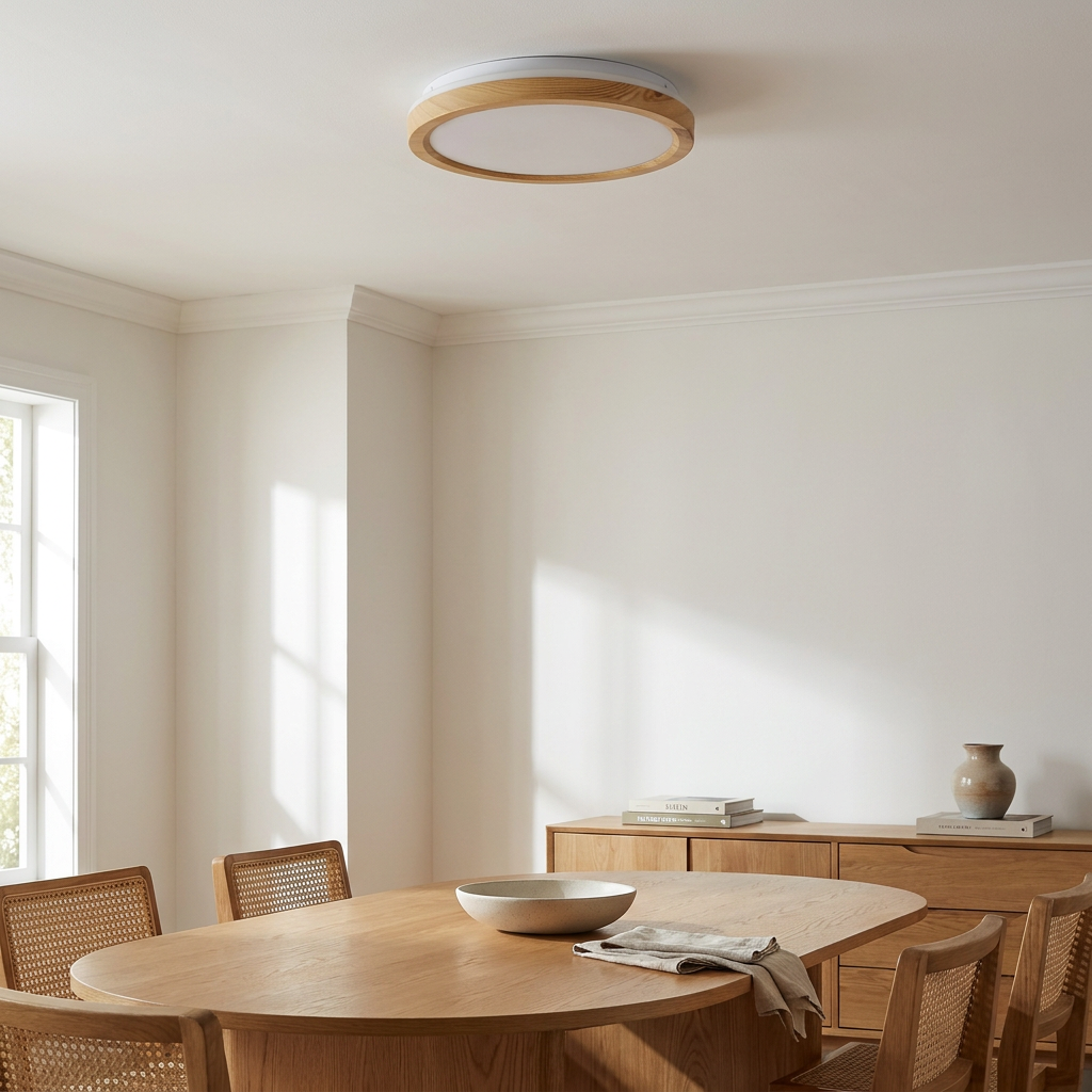 Plafonnier LED Acier Composite Blanc | Gandava — en situation dans une piece, fixe au plafond, eteint
