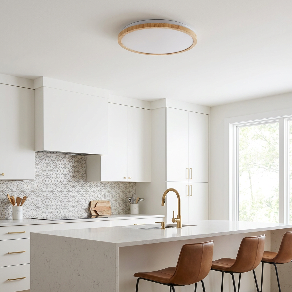 Plafonnier LED Acier Composite Blanc | Gandava — en situation dans une piece, fixe au plafond, eteint