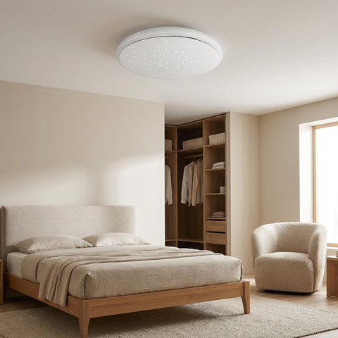 Plafonnier LED Acier Composite Blanc | Jasper — en situation dans une piece, fixe au plafond, eteint