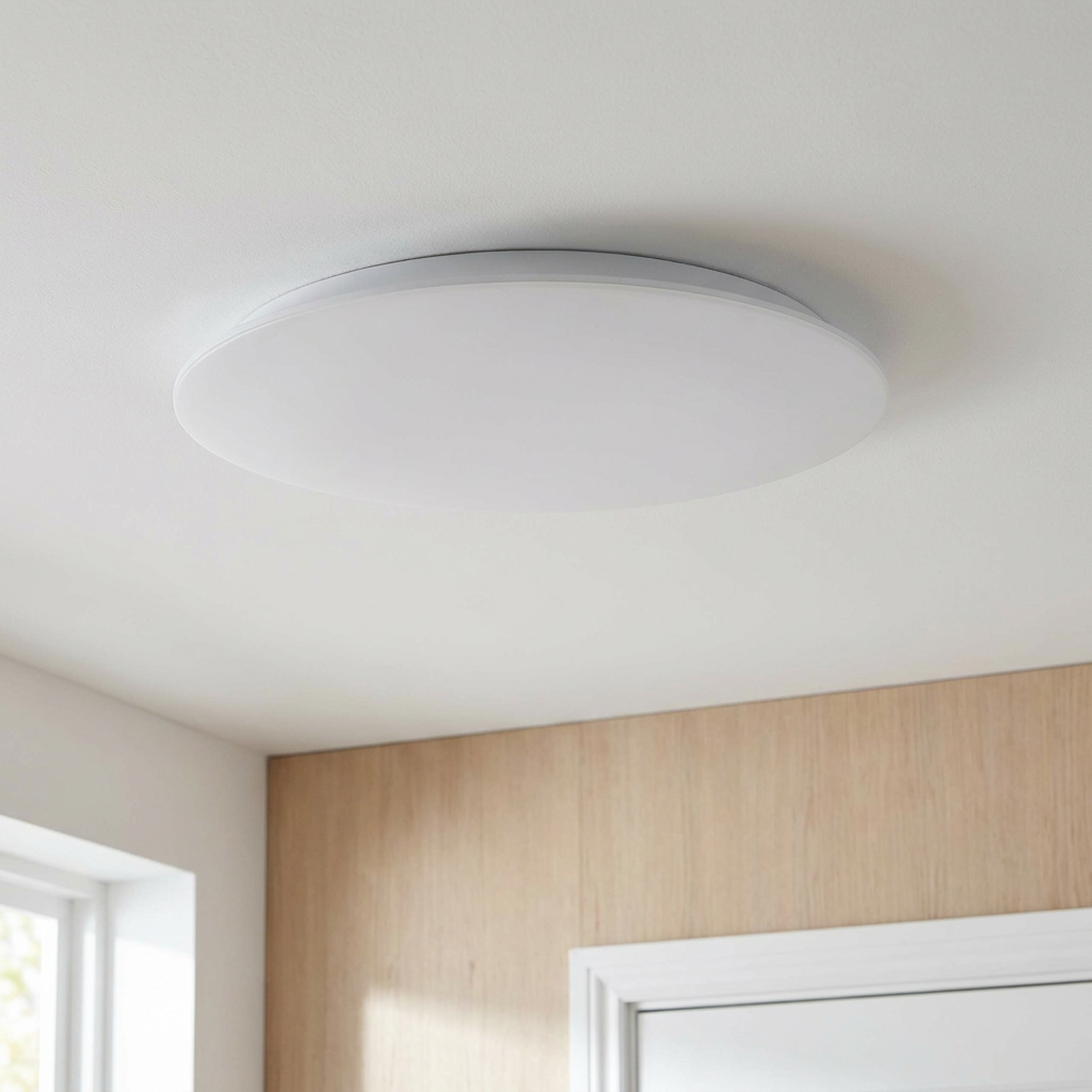 Plafonnier LED Acier Composite Blanc | Juno — vu de dessous, fixe au plafond, eteint