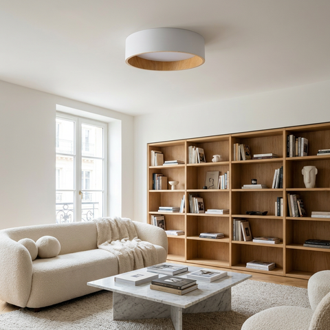 Plafonnier LED Acier Composite Blanc | Lazio — en situation dans une piece, fixe au plafond, eteint
