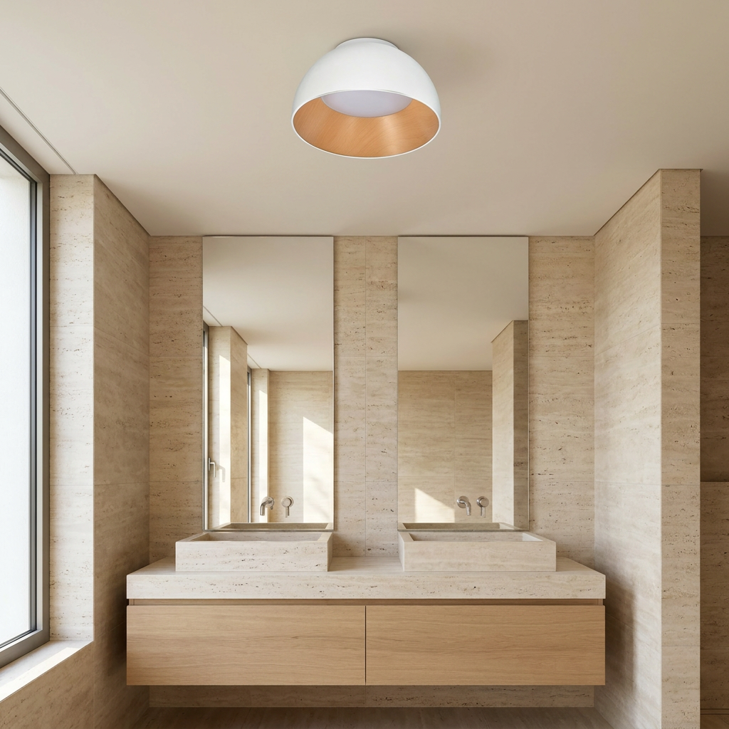 Plafonnier LED Acier Composite Blanc | Liguria — en situation dans une piece, fixe au plafond, eteint