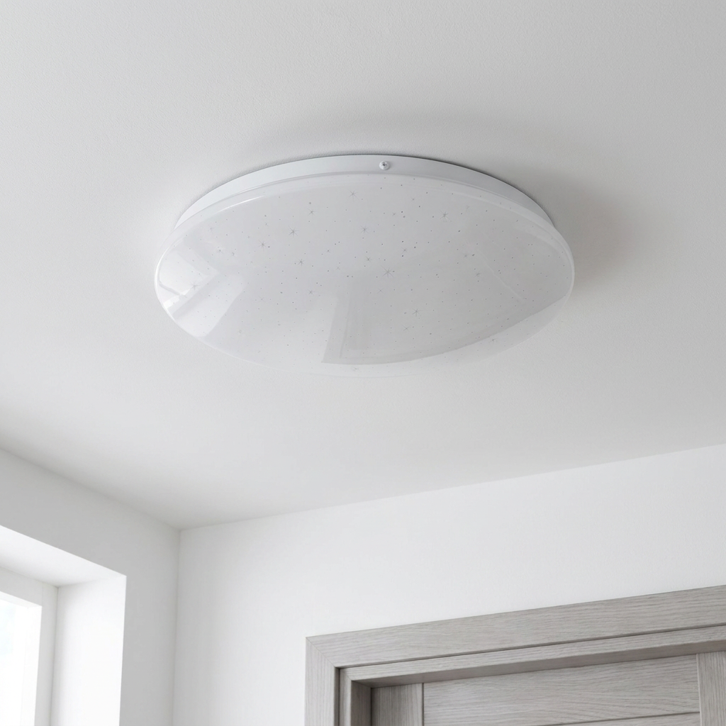 Plafonnier LED Acier Composite Blanc | Magnus — vu de dessous, fixe au plafond, eteint