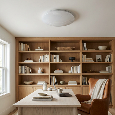 Plafonnier LED Acier Composite Blanc | Magnus — en situation dans une piece, fixe au plafond, eteint