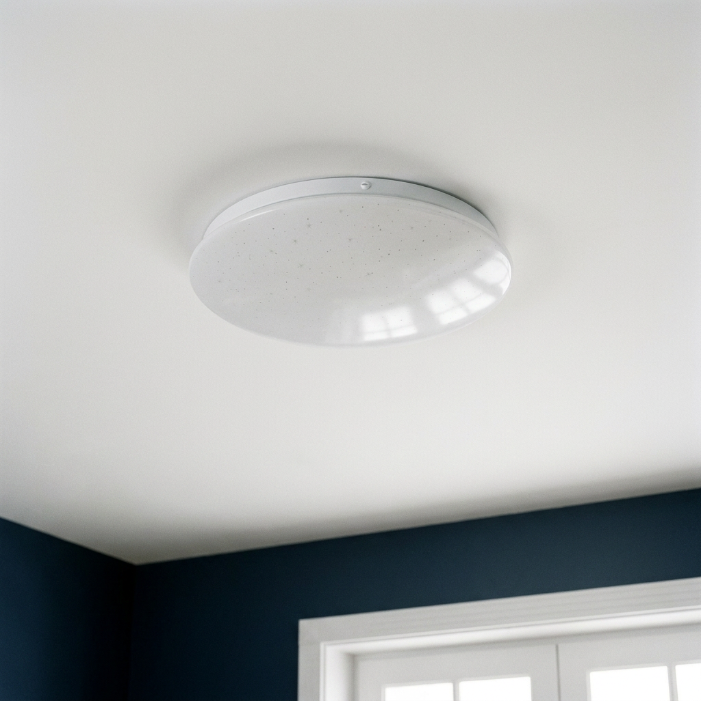 Plafonnier LED Acier Composite Blanc | Magnus — vu de dessous, fixe au plafond, eteint