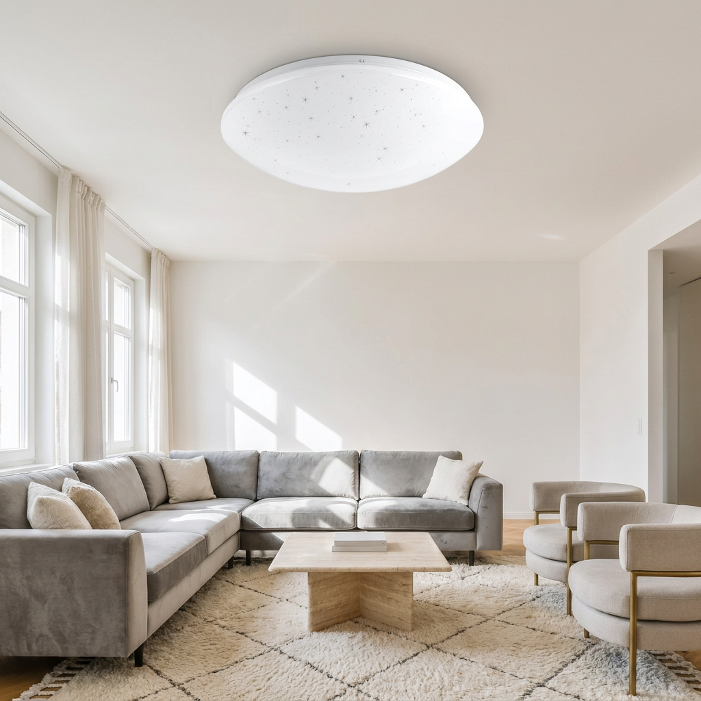 Plafonnier LED Acier Composite Blanc | Magnus — en situation dans une piece, fixe au plafond, eteint