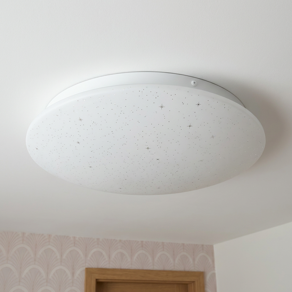 Plafonnier LED Acier Composite Blanc | Magnus — vu de dessous, fixe au plafond, eteint