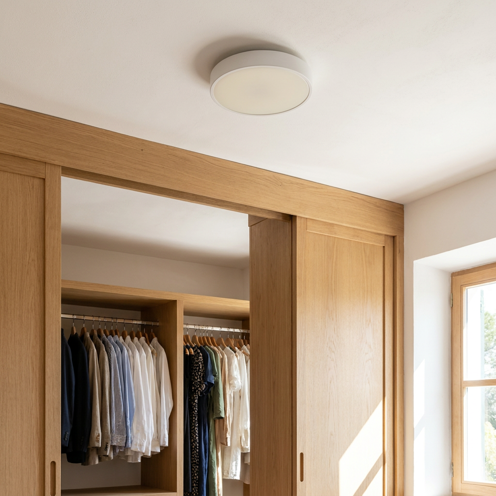 Plafonnier LED Acier Composite Blanc | Mega — en situation dans une piece, fixe au plafond, eteint