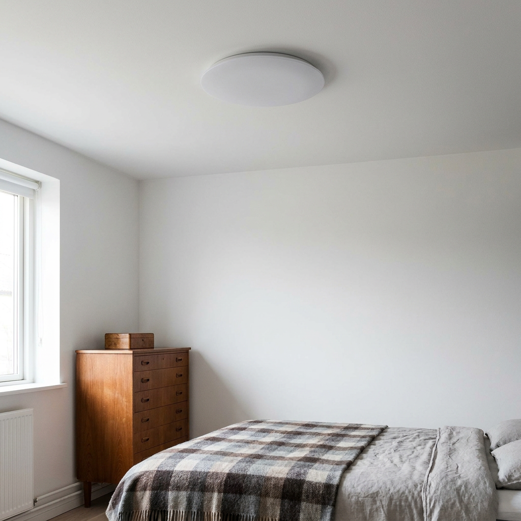 Plafonnier LED Acier Composite Blanc | Mega — en situation dans une piece, fixe au plafond, eteint