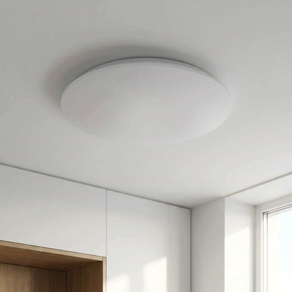 Plafonnier LED Acier Composite Blanc | Mega — vu de dessous, fixe au plafond, eteint