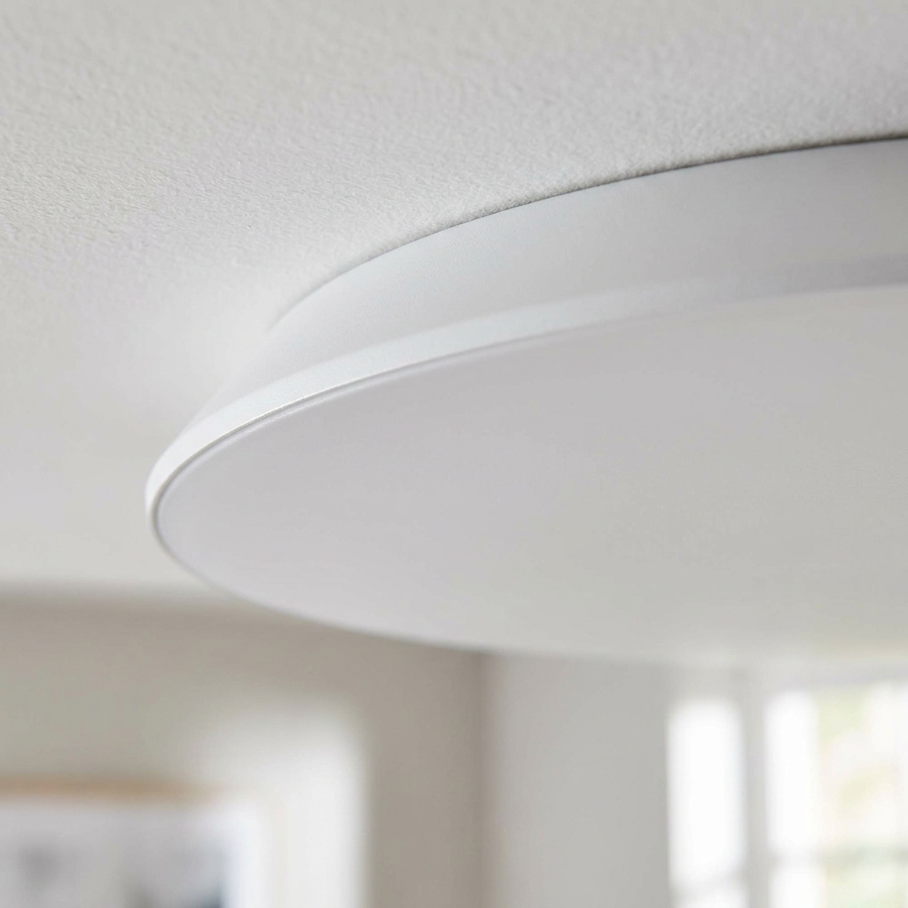 Plafonnier LED Acier Composite Blanc | Mega — detail du bord et de la fixation au plafond