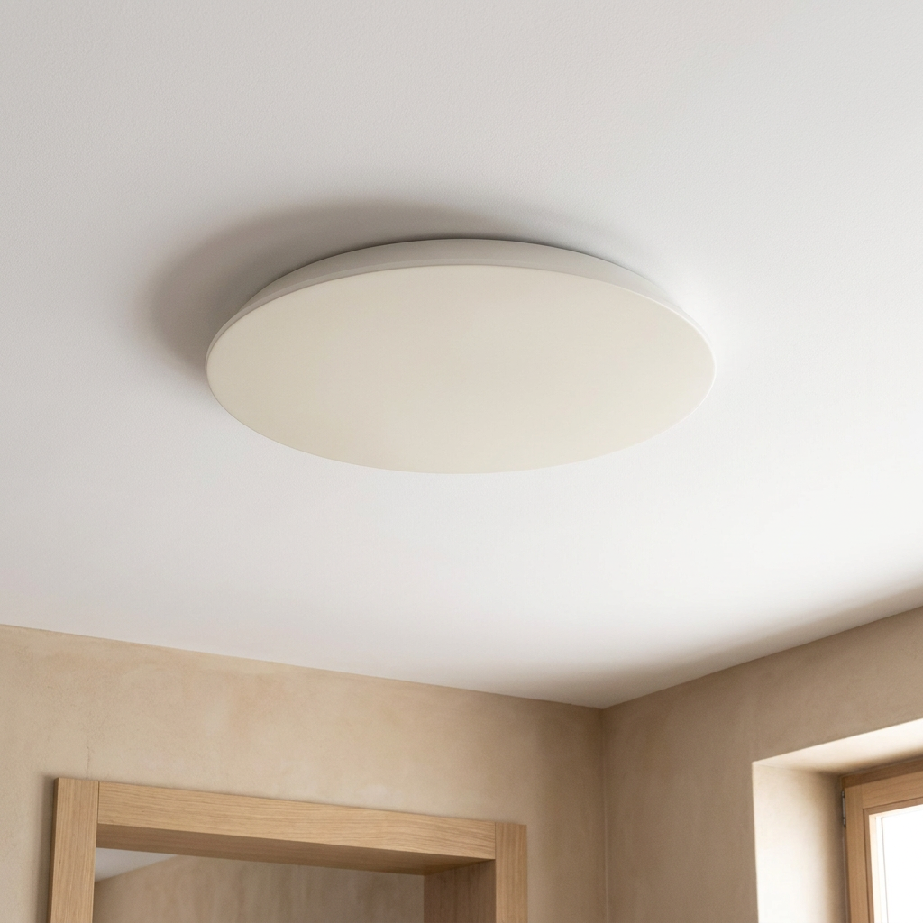 Plafonnier LED Acier Composite Blanc | Mega — vu de dessous, fixe au plafond, eteint