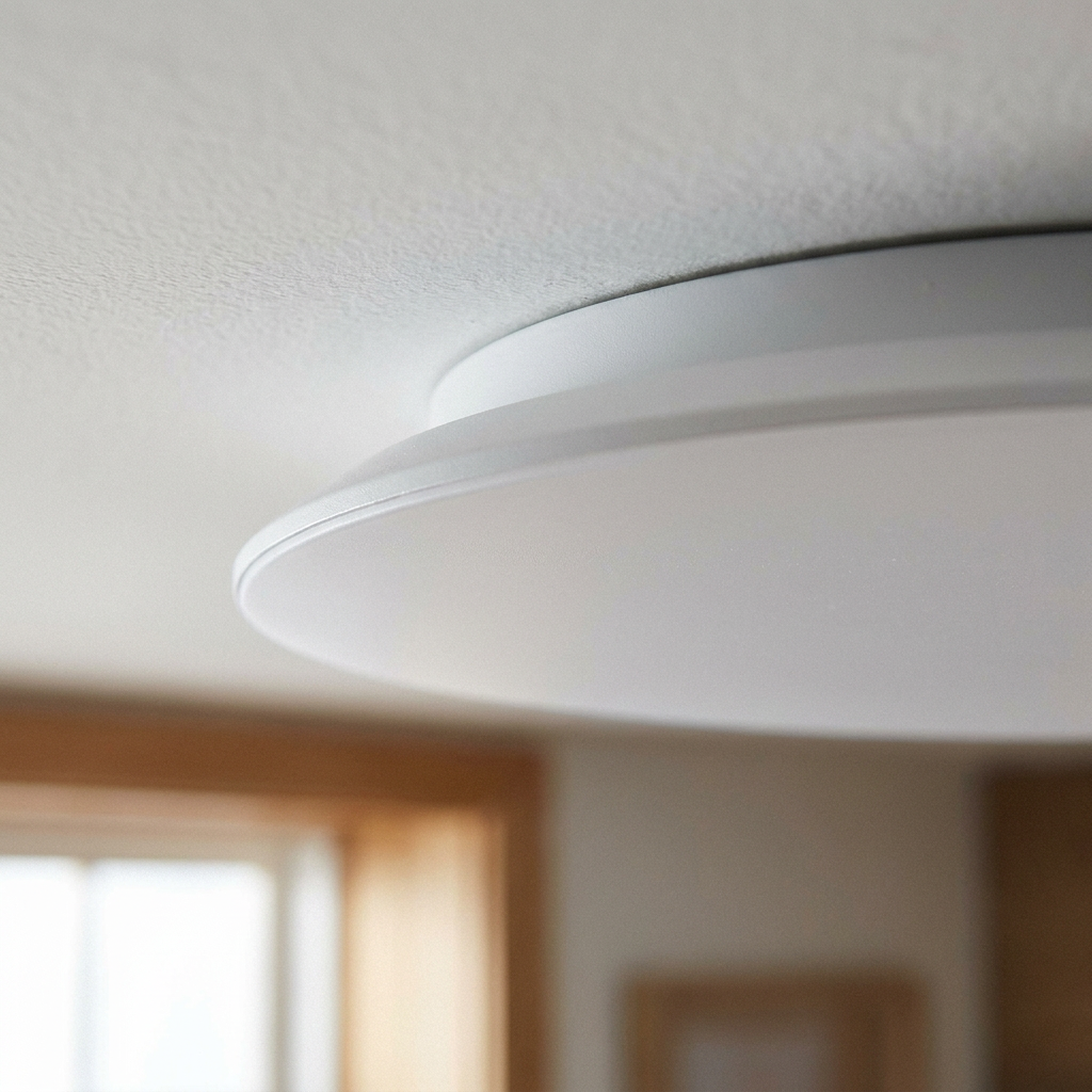 Plafonnier LED Acier Composite Blanc | Mega — detail du bord et de la fixation au plafond