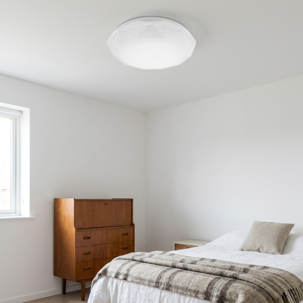 Plafonnier LED Acier Composite Blanc | Sky — en situation dans une piece, fixe au plafond, eteint
