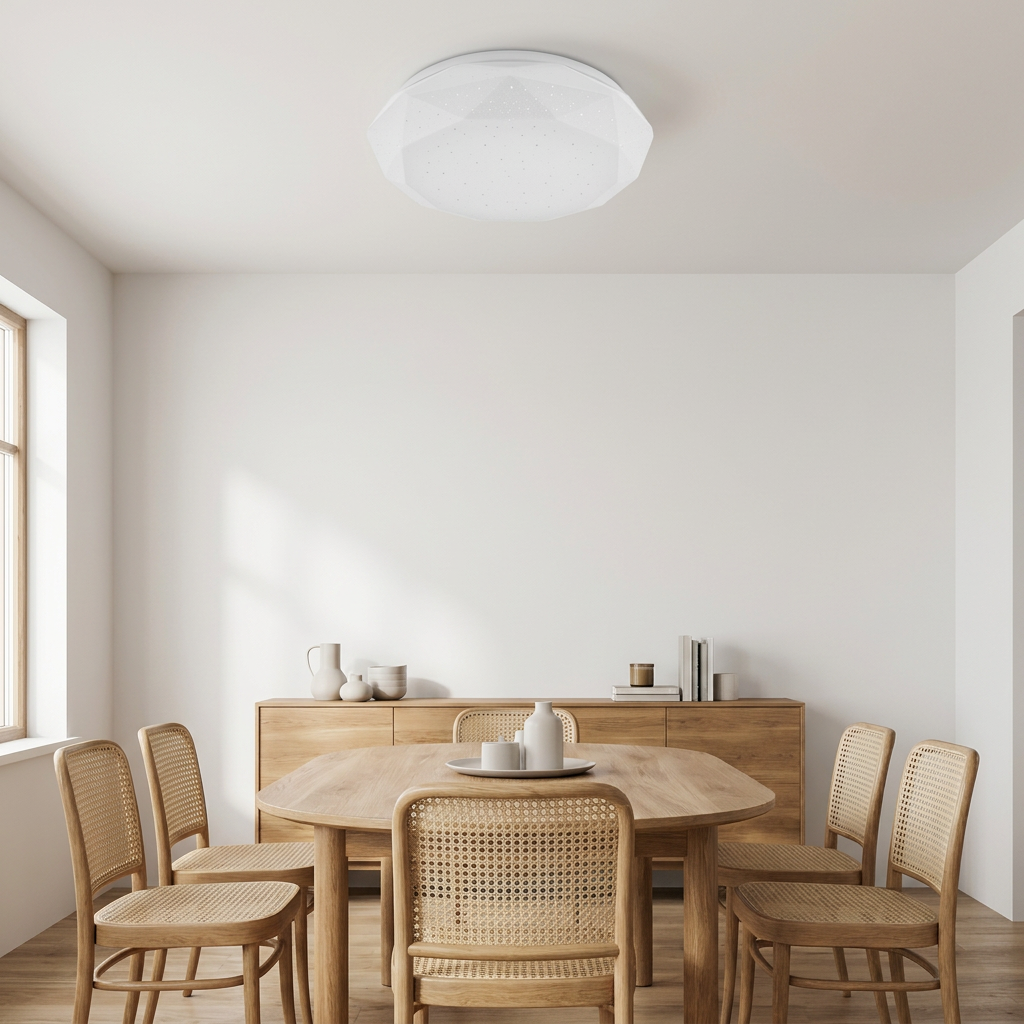 Plafonnier LED Acier Composite Blanc | Sky — en situation dans une piece, fixe au plafond, eteint