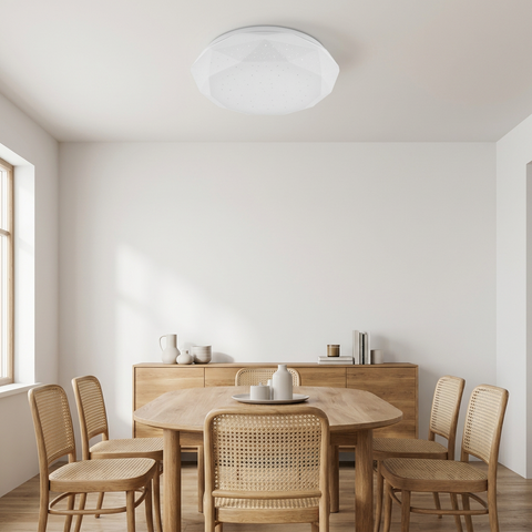 Plafonnier LED Acier Composite Blanc | Sky — en situation dans une piece, fixe au plafond, eteint