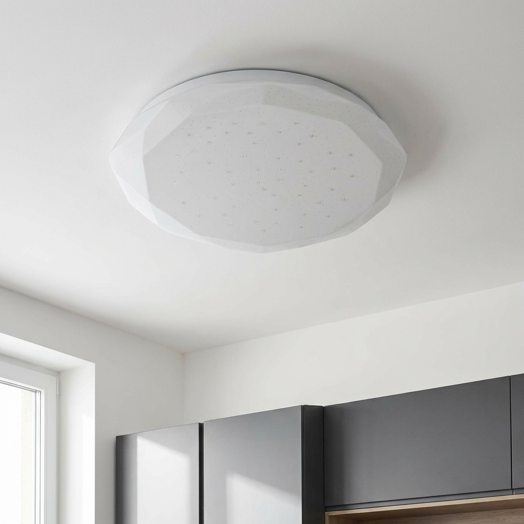 Plafonnier LED Acier Composite Blanc | Sky — vu de dessous, fixe au plafond, eteint