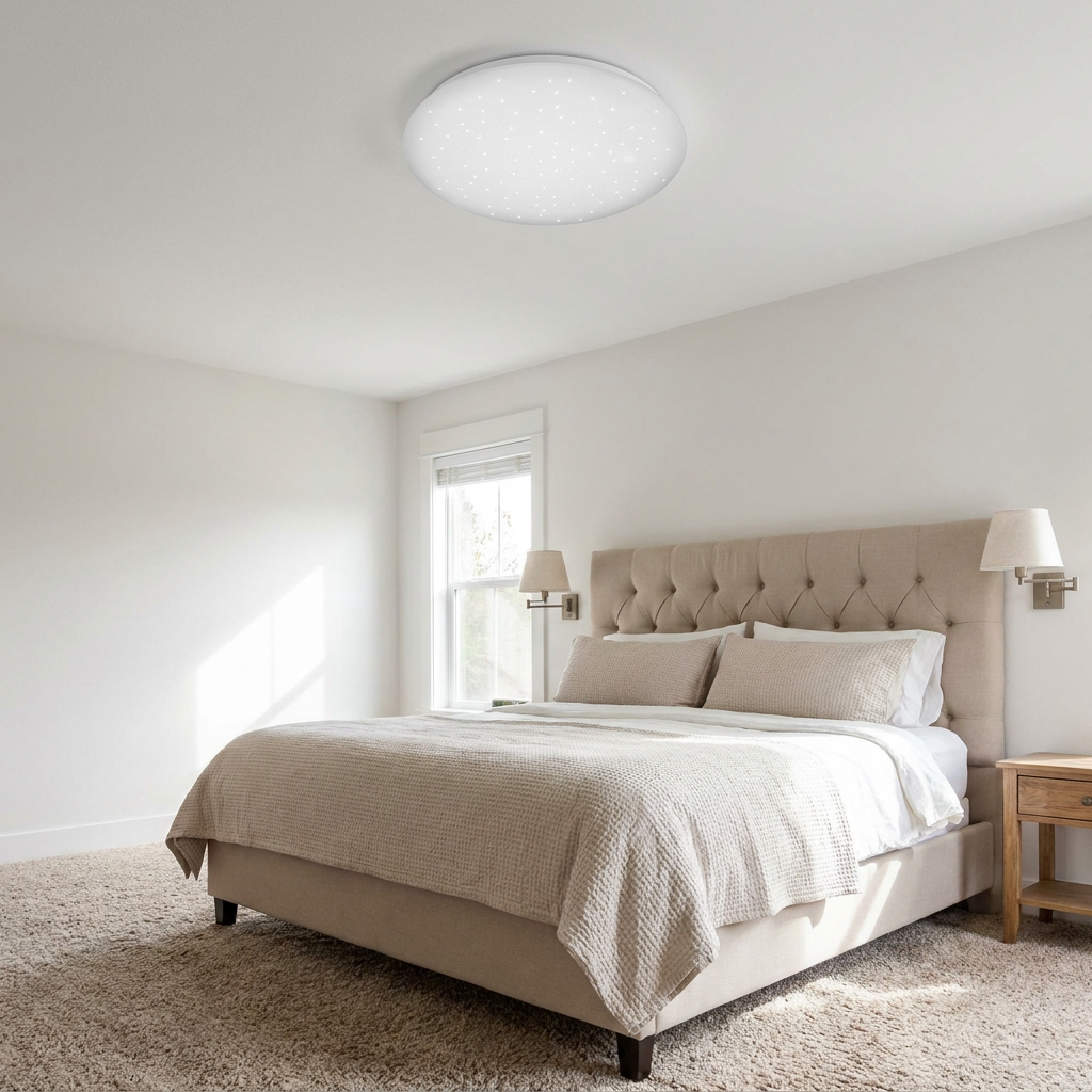 Plafonnier LED Acier Composite Blanc | Sky — en situation dans une piece, fixe au plafond, eteint
