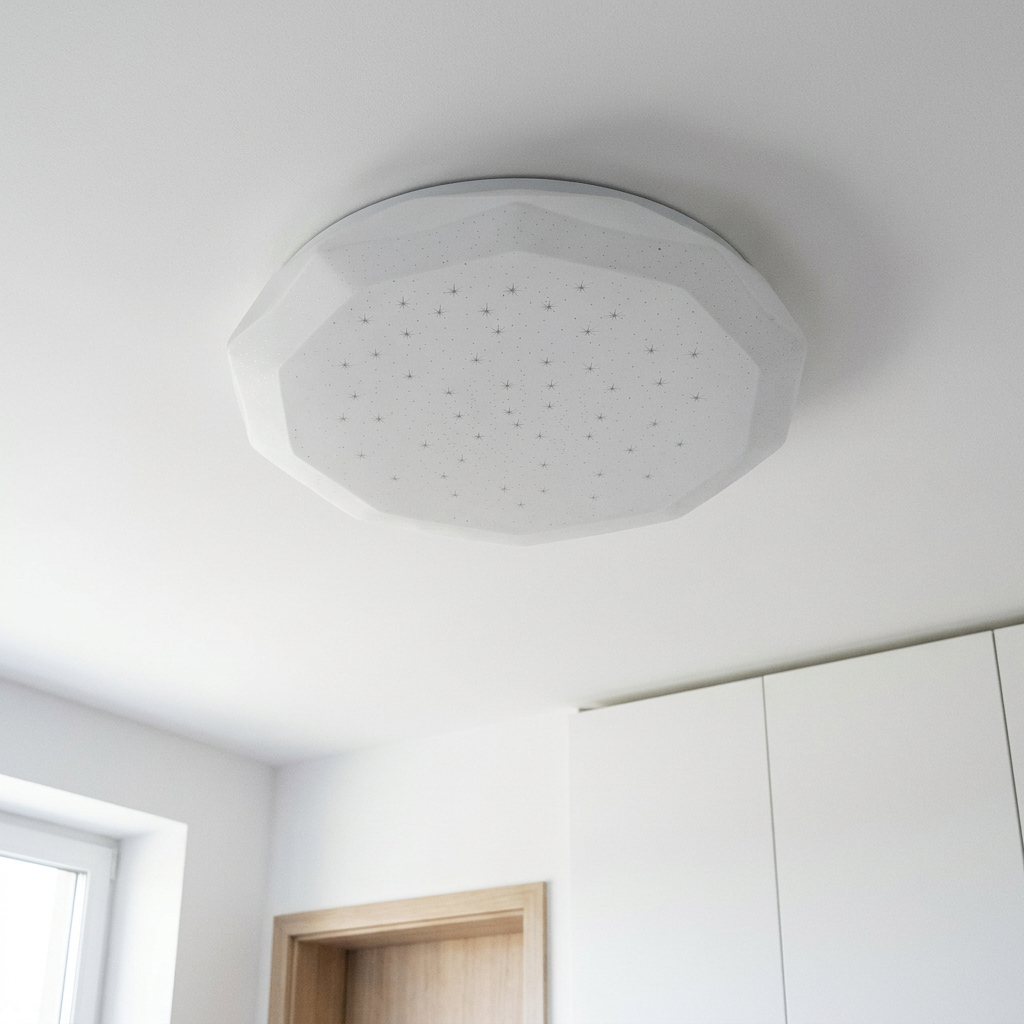 Plafonnier LED Acier Composite Blanc | Sky — vu de dessous, fixe au plafond, eteint