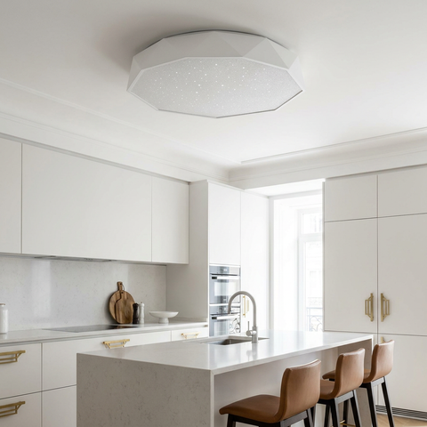 Plafonnier LED Acier Composite Blanc | Sky — en situation dans une piece, fixe au plafond, eteint