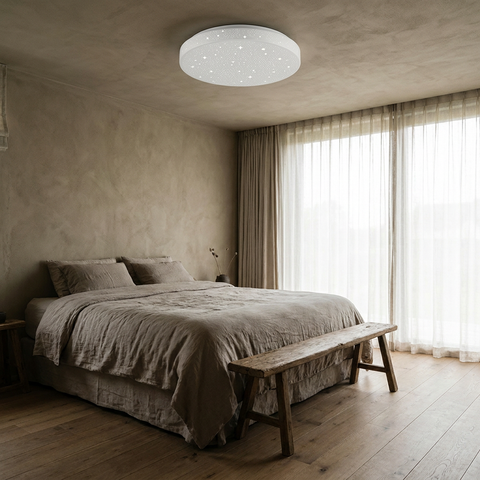 Plafonnier LED Acier Composite Blanc | Sky — en situation dans une piece, fixe au plafond, eteint