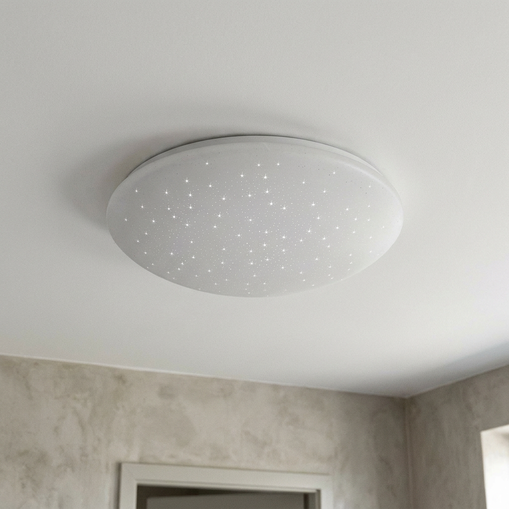 Plafonnier LED Acier Composite Blanc | Sky — vu de dessous, fixe au plafond, eteint