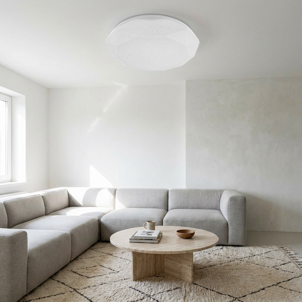Plafonnier LED Acier Composite Blanc | Sky — en situation dans une piece, fixe au plafond, eteint
