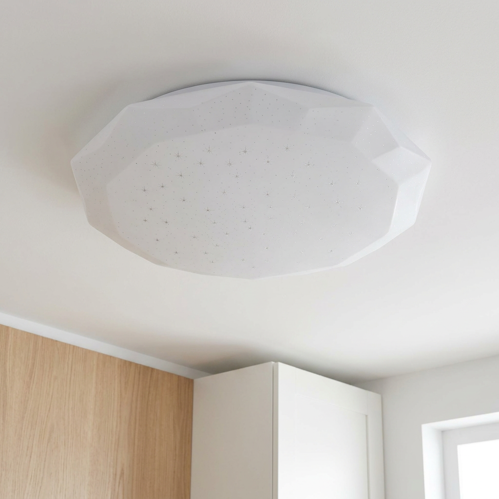 Plafonnier LED Acier Composite Blanc | Sky — vu de dessous, fixe au plafond, eteint
