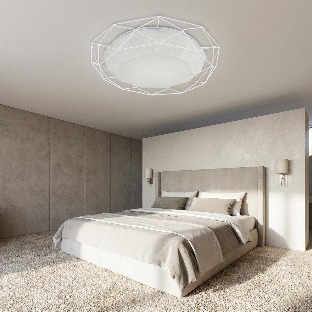 Plafonnier LED Acier Composite Blanc | Sven — en situation dans une piece, fixe au plafond, eteint