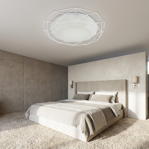 Plafonnier LED Acier Composite Blanc | Sven — en situation dans une piece, fixe au plafond, eteint