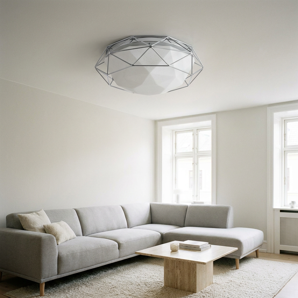 Plafonnier LED Acier Composite Chromé | Sven — en situation dans une piece, fixe au plafond, eteint