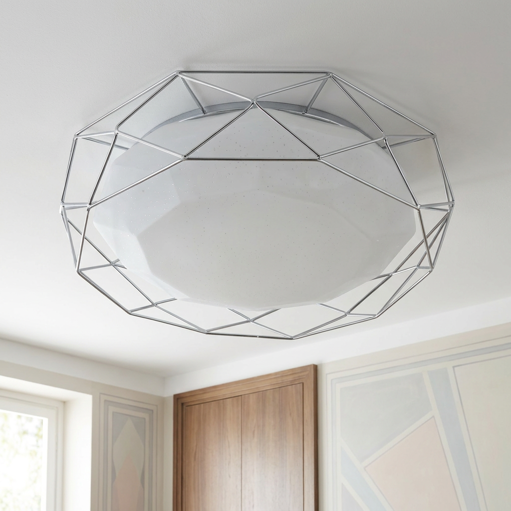 Plafonnier LED Acier Composite Chromé | Sven — vu de dessous, fixe au plafond, eteint