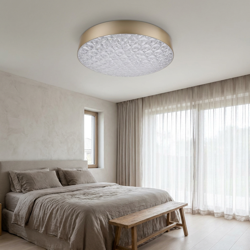 Plafonnier LED Acier Composite Doré | Luxon — en situation dans une piece, fixe au plafond, eteint
