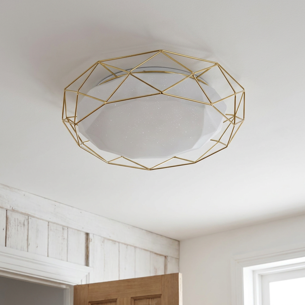 Plafonnier LED Acier Composite Doré | Sven — vu de dessous, fixe au plafond, eteint