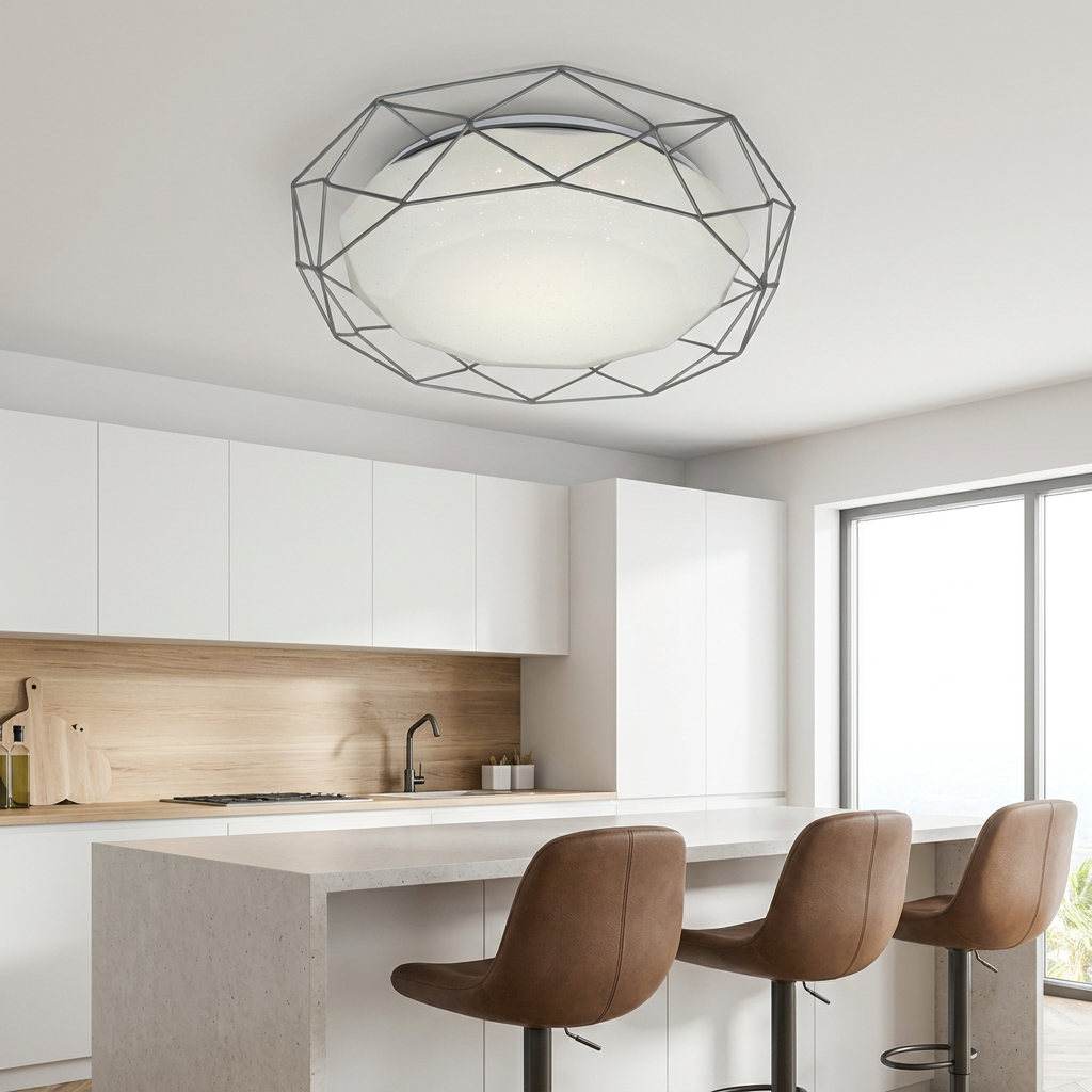Plafonnier LED Acier Composite Gris | Sven — en situation dans une piece, fixe au plafond, eteint