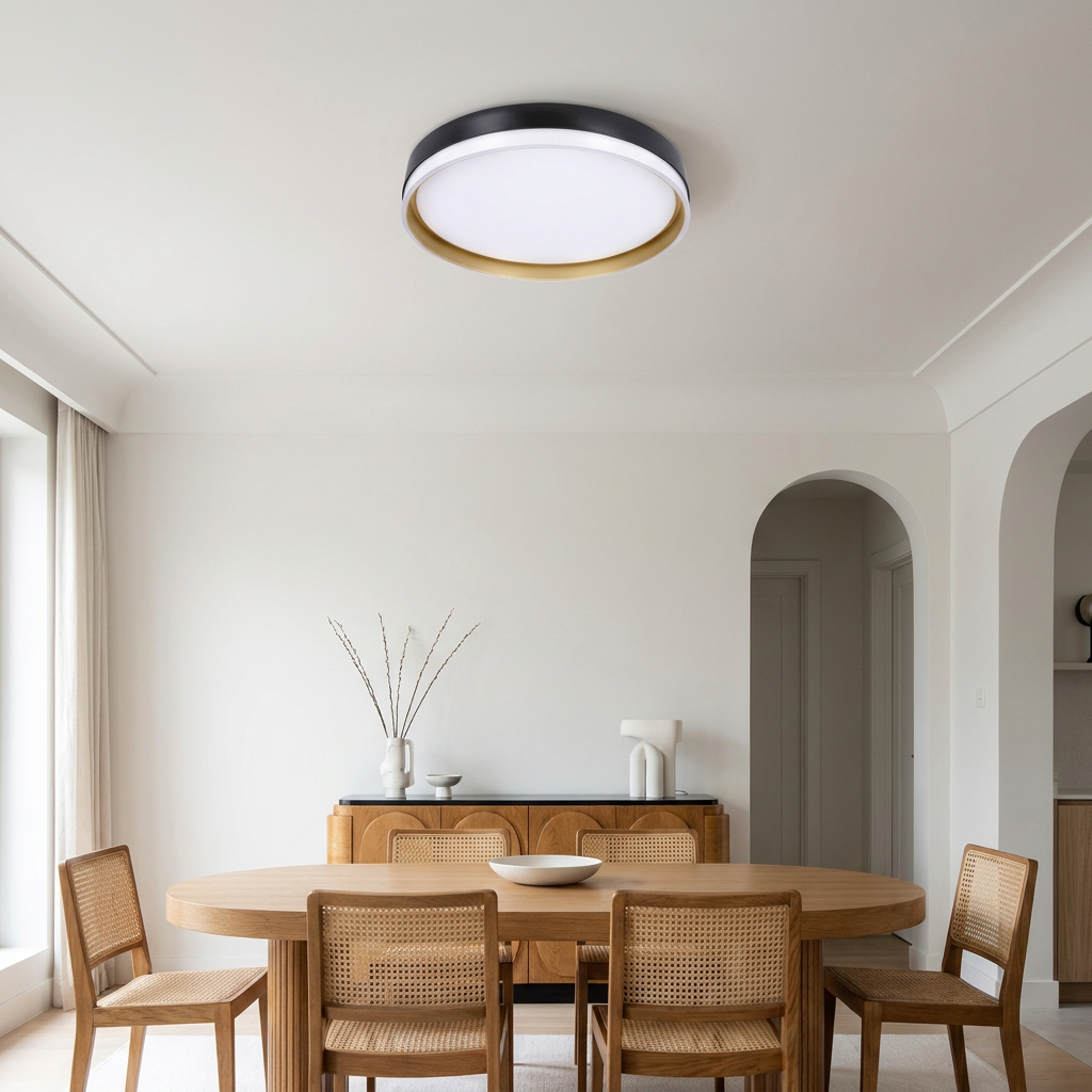 Plafonnier LED Acier Composite | Manhattan — en situation dans une piece, fixe au plafond, eteint