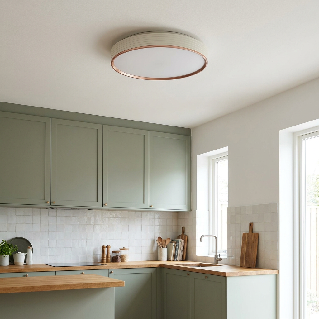 Plafonnier LED Acier Composite | Montana — en situation dans une piece, fixe au plafond, eteint
