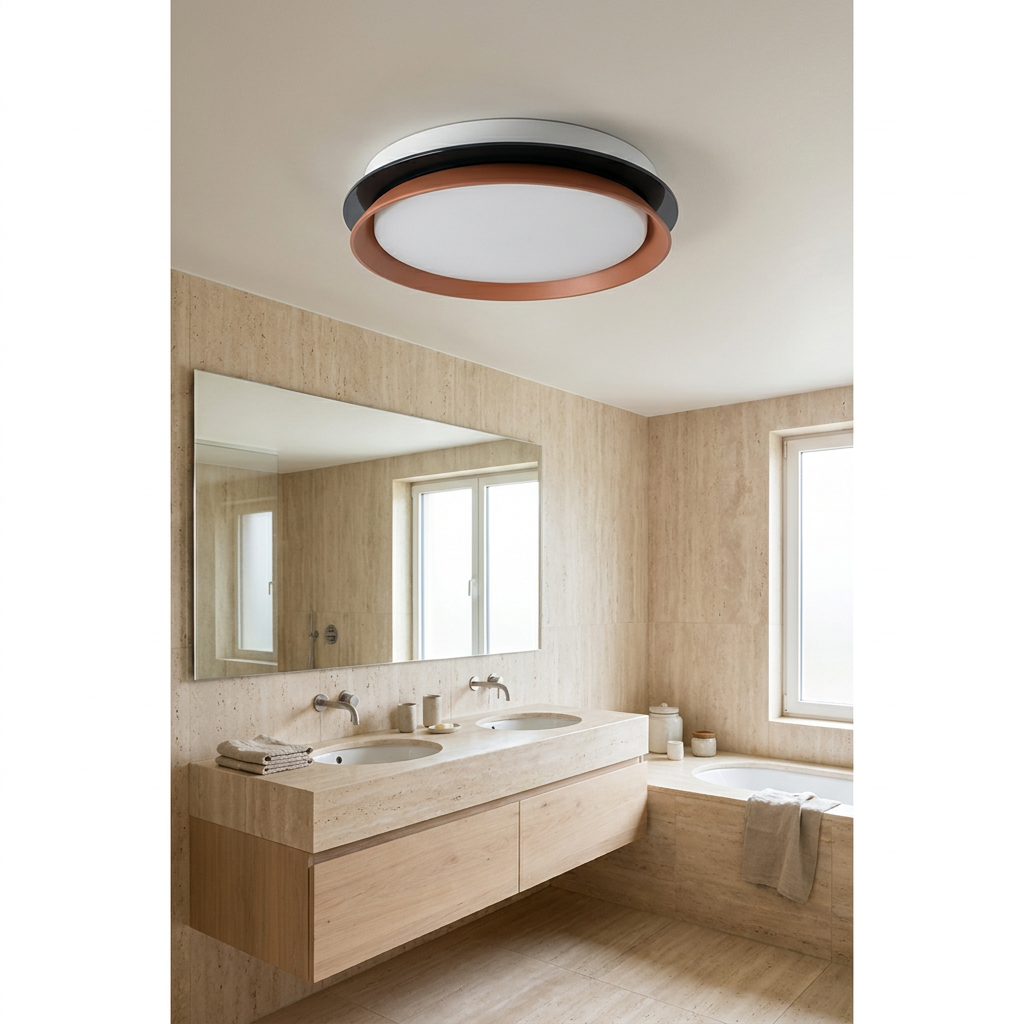 Plafonnier LED Acier Composite | Montana — en situation dans une piece, fixe au plafond, eteint