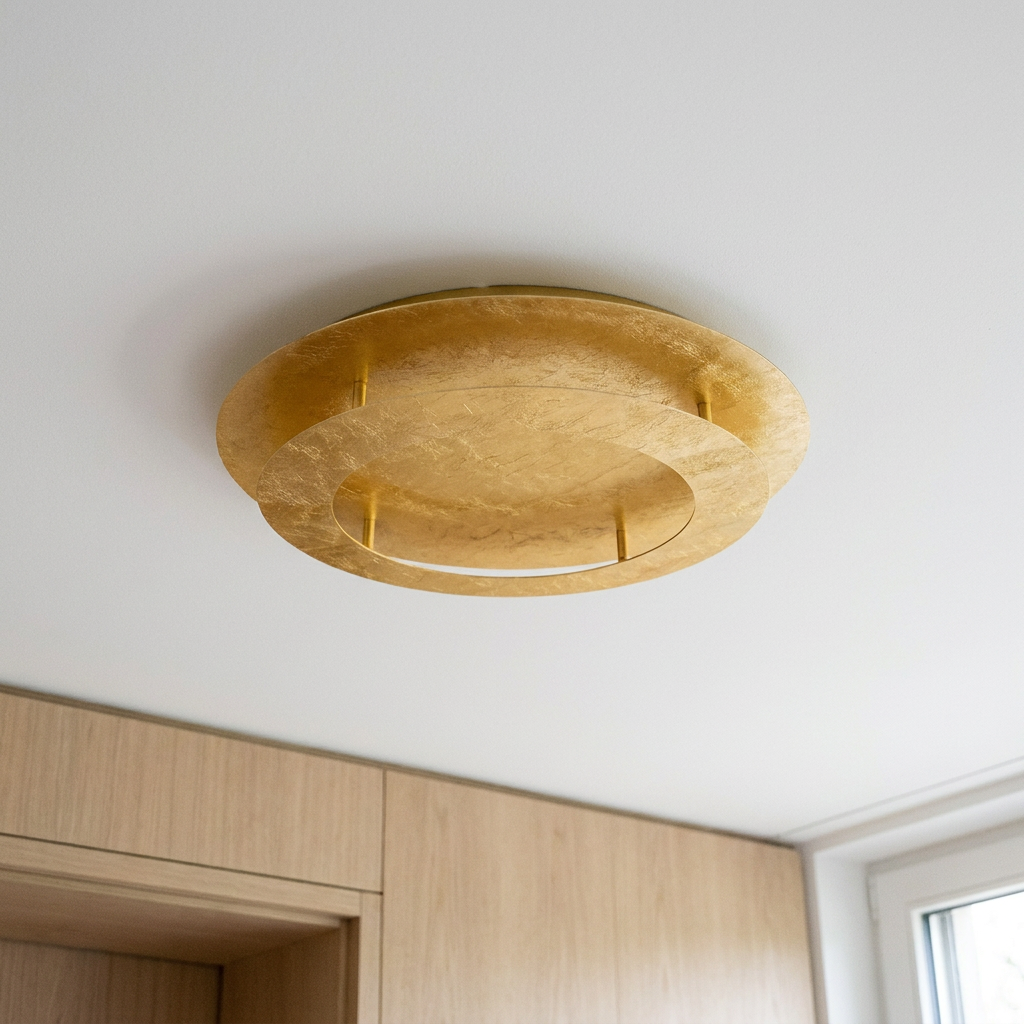 Plafonnier LED Acier Doré | Merle — vu de dessous, fixe au plafond, eteint