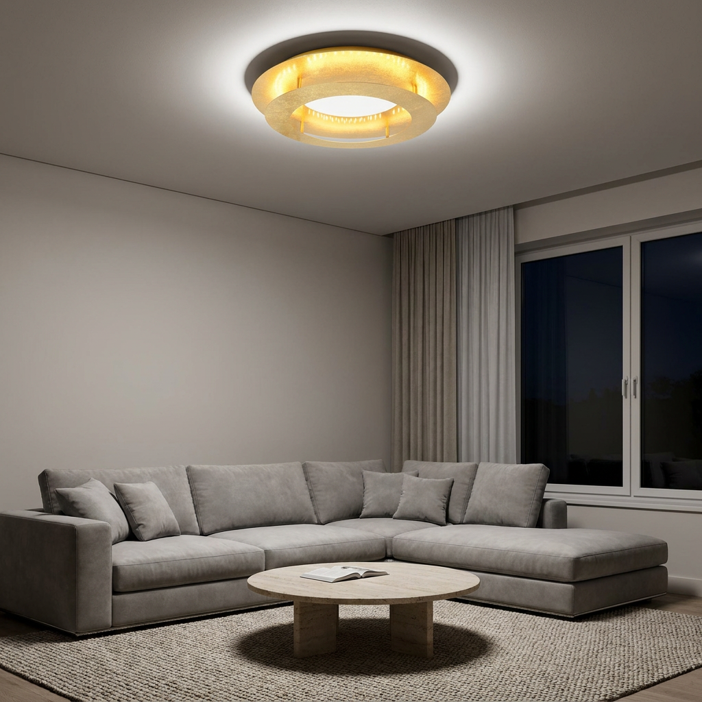 Plafonnier LED Acier Doré | Merle — allume le soir, ambiance chaleureuse, eclairage du plafond