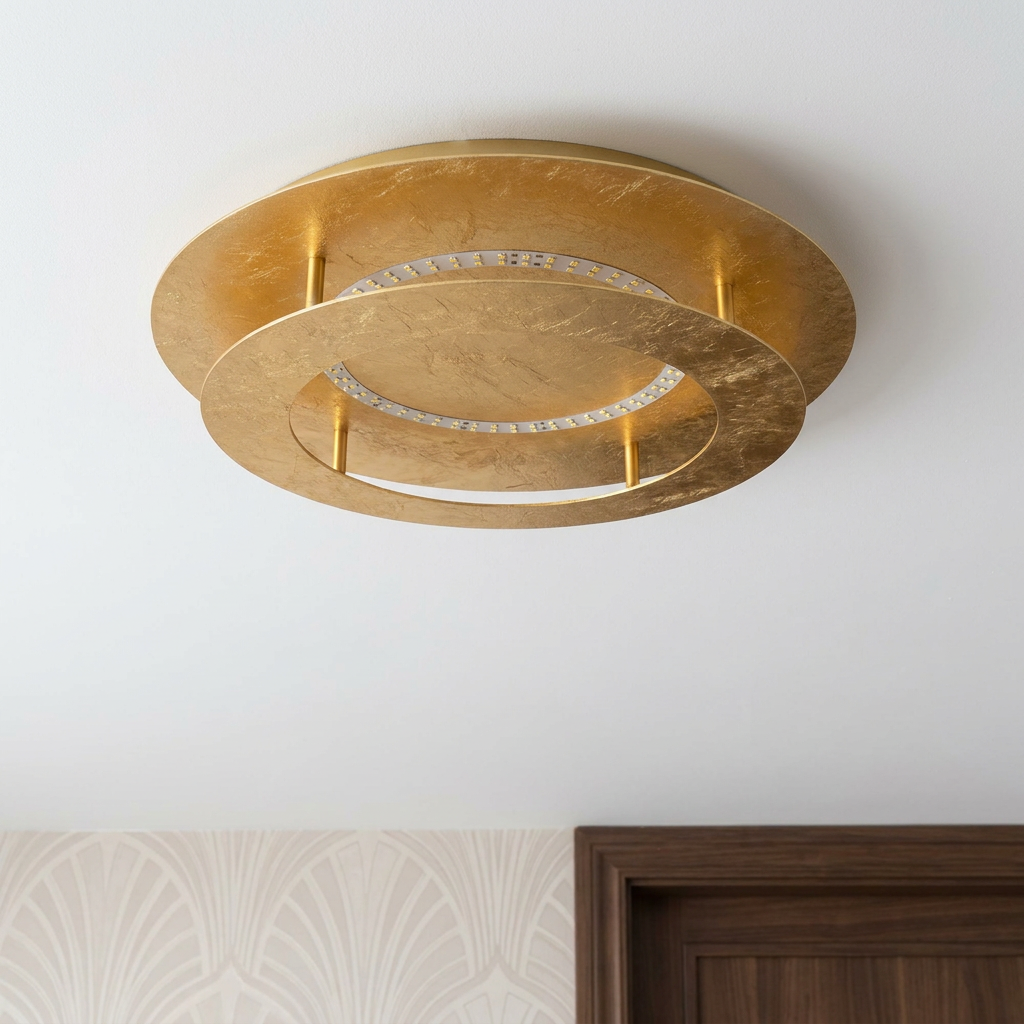 Plafonnier LED Acier Doré | Merle — vu de dessous, fixe au plafond, eteint