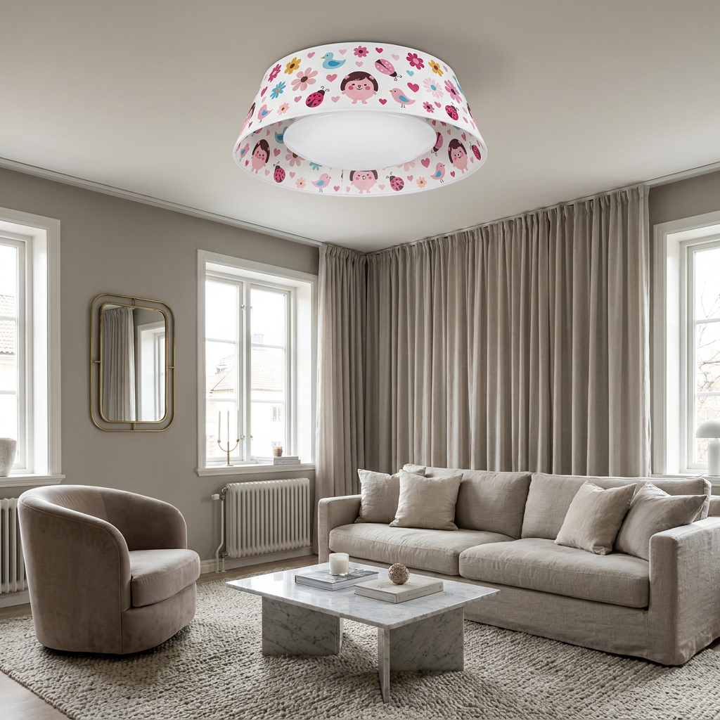 Plafonnier LED Acier Tissu Multicolour | Girl — en situation dans une piece, fixe au plafond, eteint
